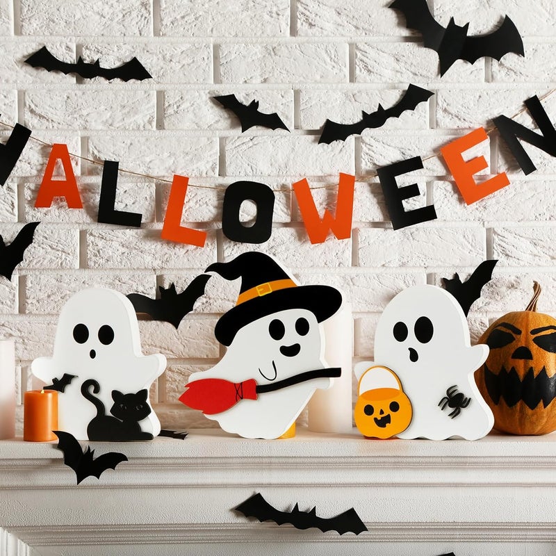 COCHIE Cute Ghost Halloween Decorations Indoor, Wooden Tiered Tray Decor Table Sign Set of 3, Black Cat Bat Witch Broom Signs Pumpkin Blocks for Party Home Shelf Display (A-Ghost) - Image 4